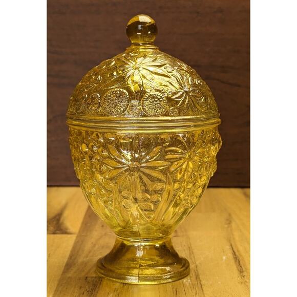 Vtg Avon 60s Glass Candy Trinket Dish Footed Floral Molded Glass Yellow Citron - Picture 7 of 16